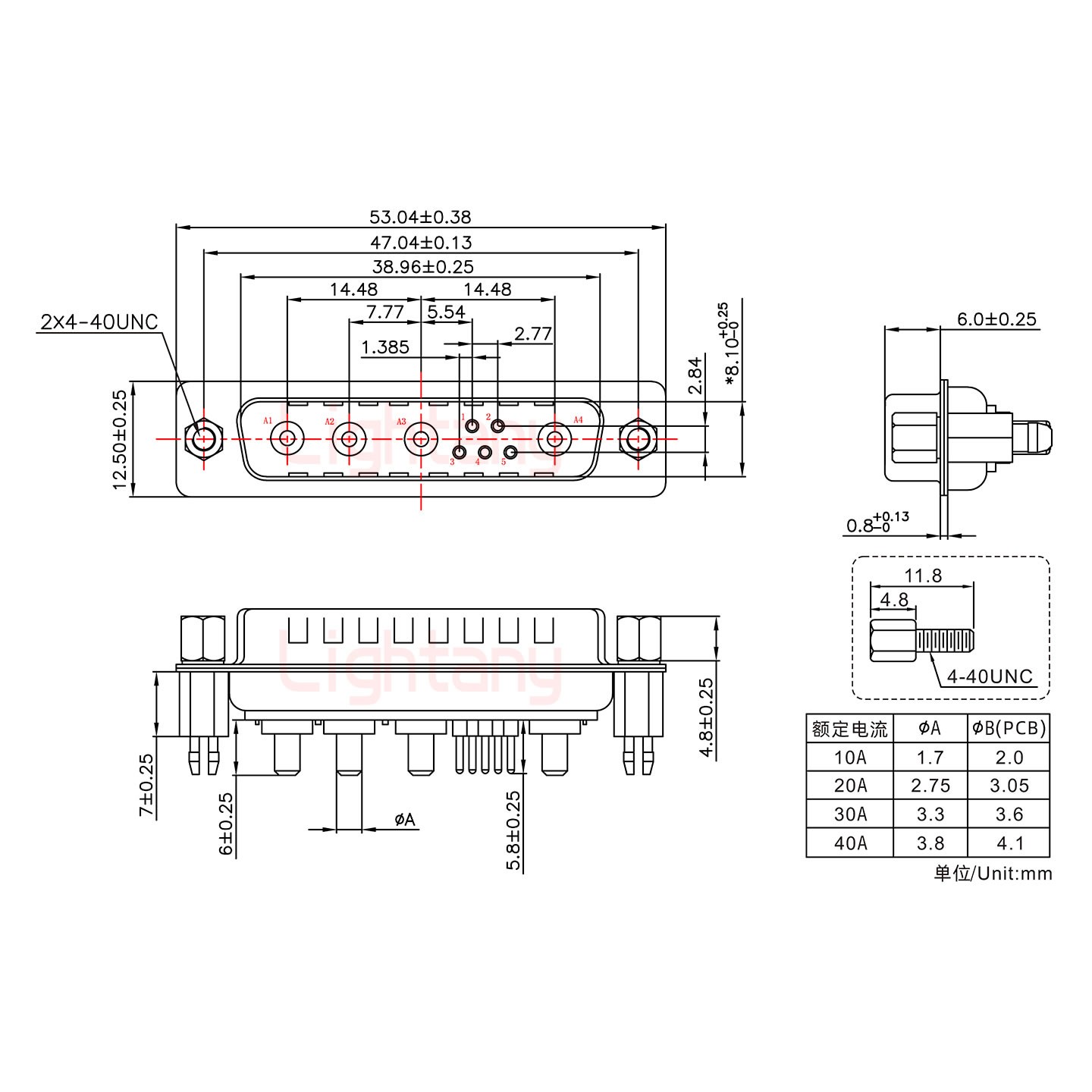 9W4公PCB直插板/鉚魚叉7.0/大電流10A