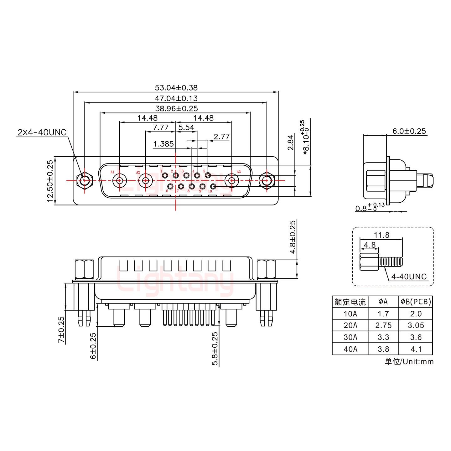 13W3公PCB直插板/鉚魚(yú)叉7.0/大電流20A