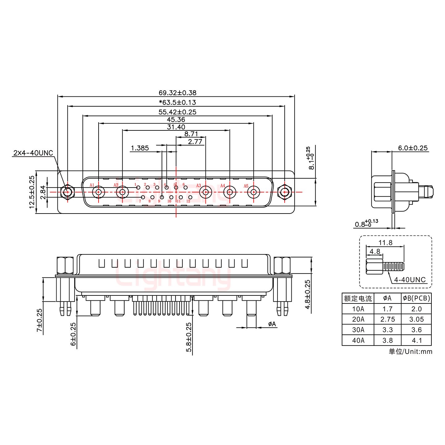 17W5公PCB直插板/鉚魚叉7.0/大電流30A