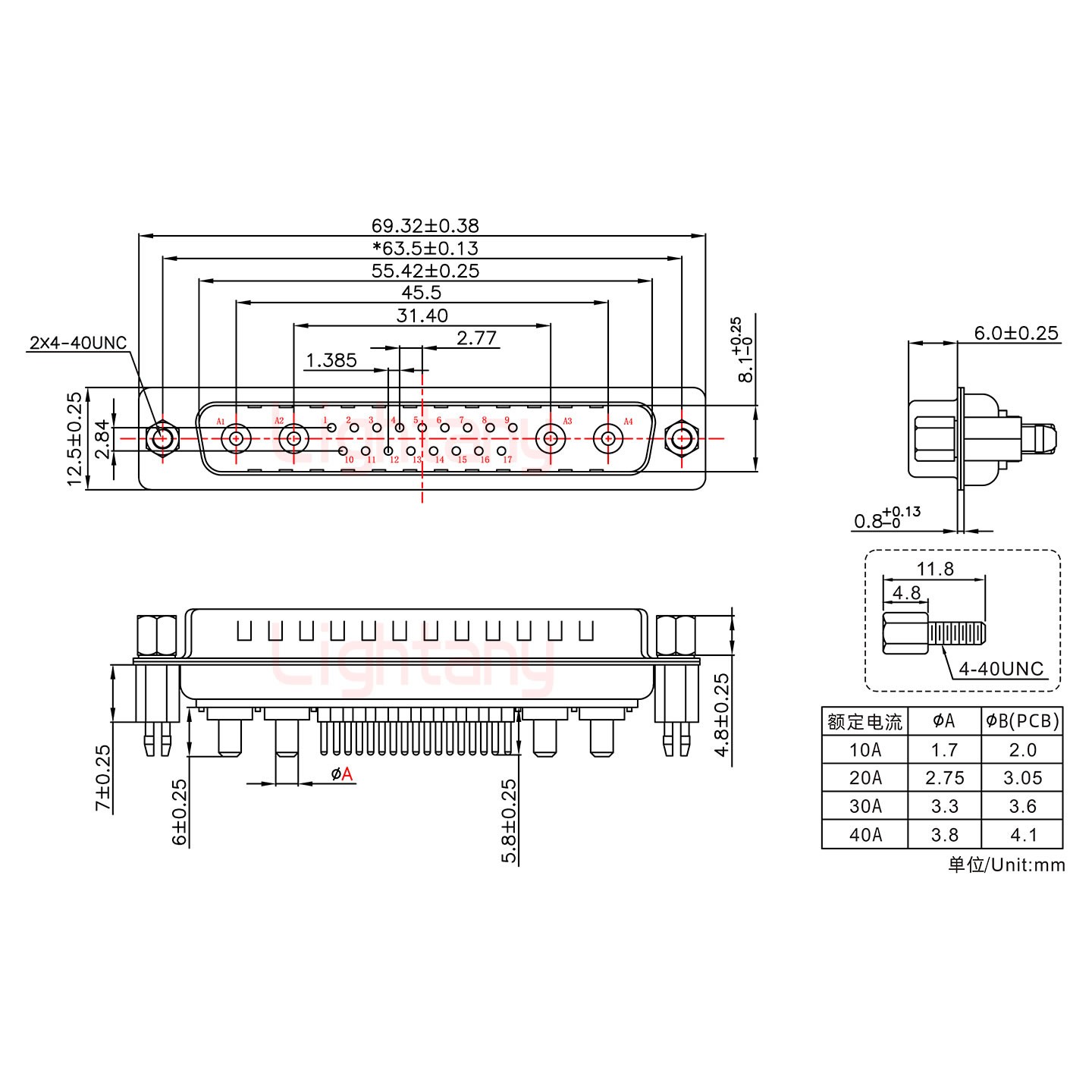 21W4公PCB直插板/鉚魚叉7.0/大電流10A