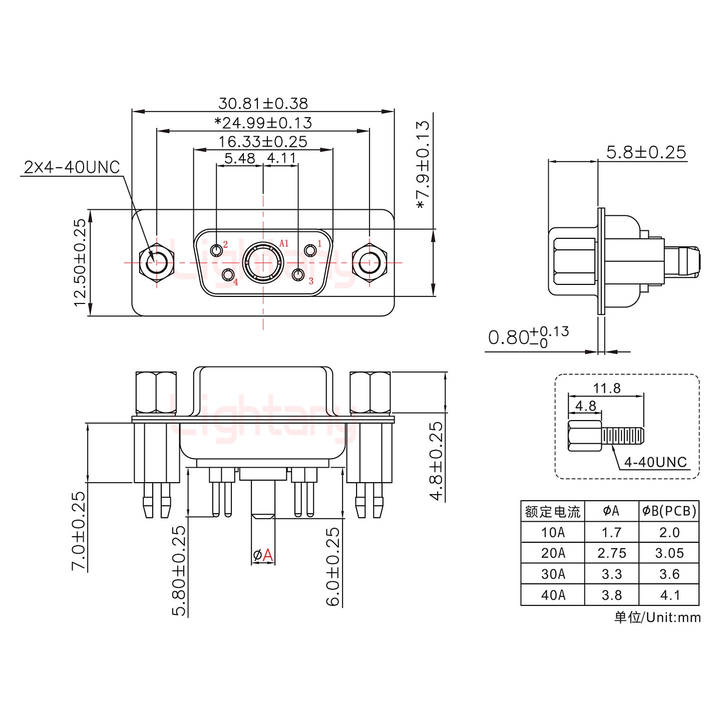 5W1母PCB直插板/鉚魚叉7.0/大電流10A