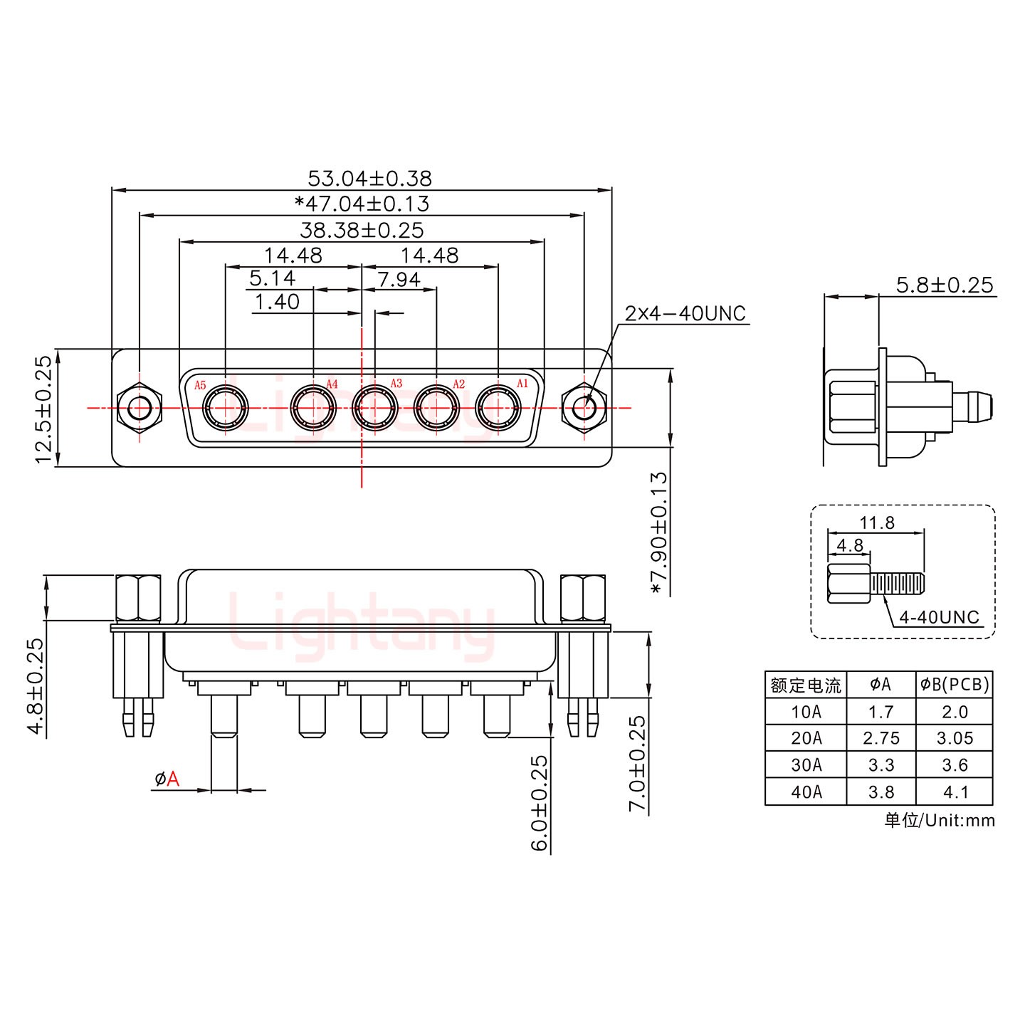 5W5母PCB直插板/鉚魚叉7.0/大電流10A