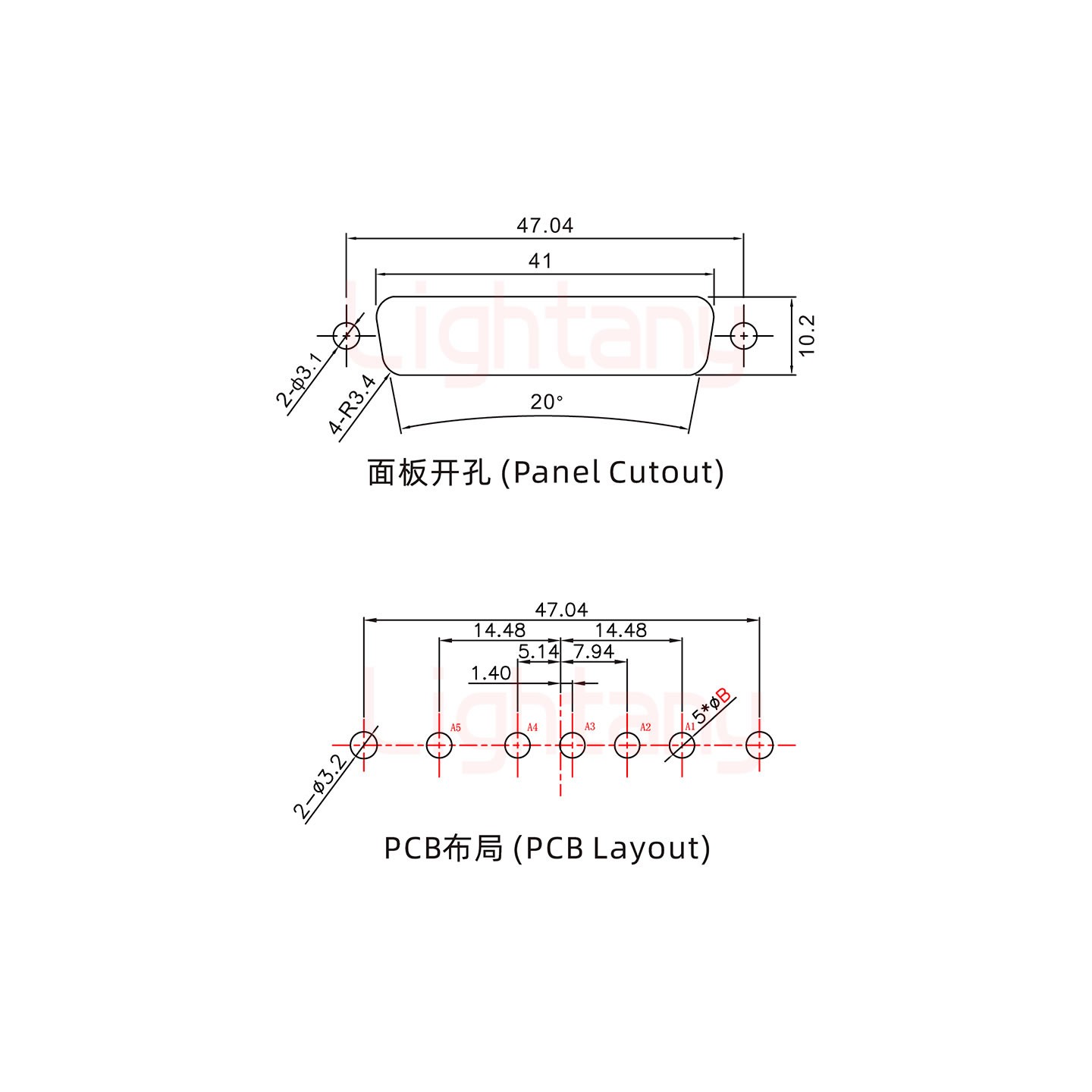 5W5母PCB直插板/鉚魚叉7.0/大電流10A