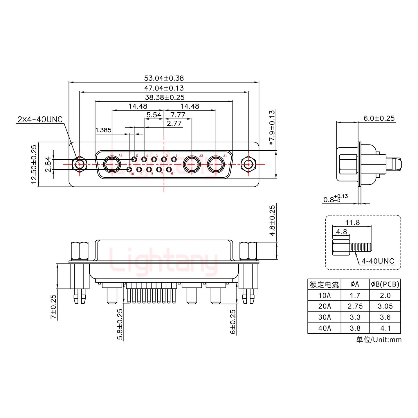 13W3母PCB直插板/鉚魚叉7.0/大電流10A