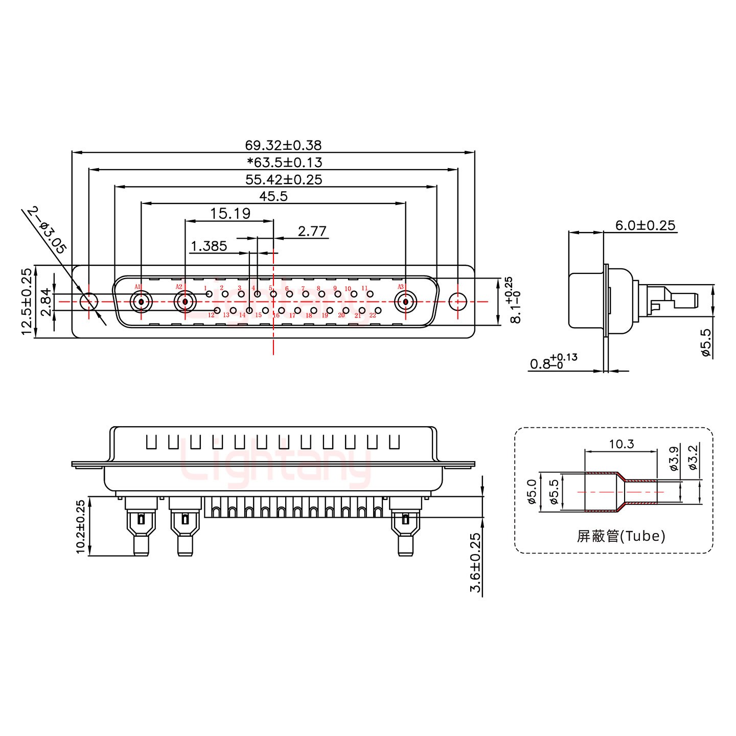 25W3公焊線式50歐姆+37P金屬外殼951彎出線4~12mm