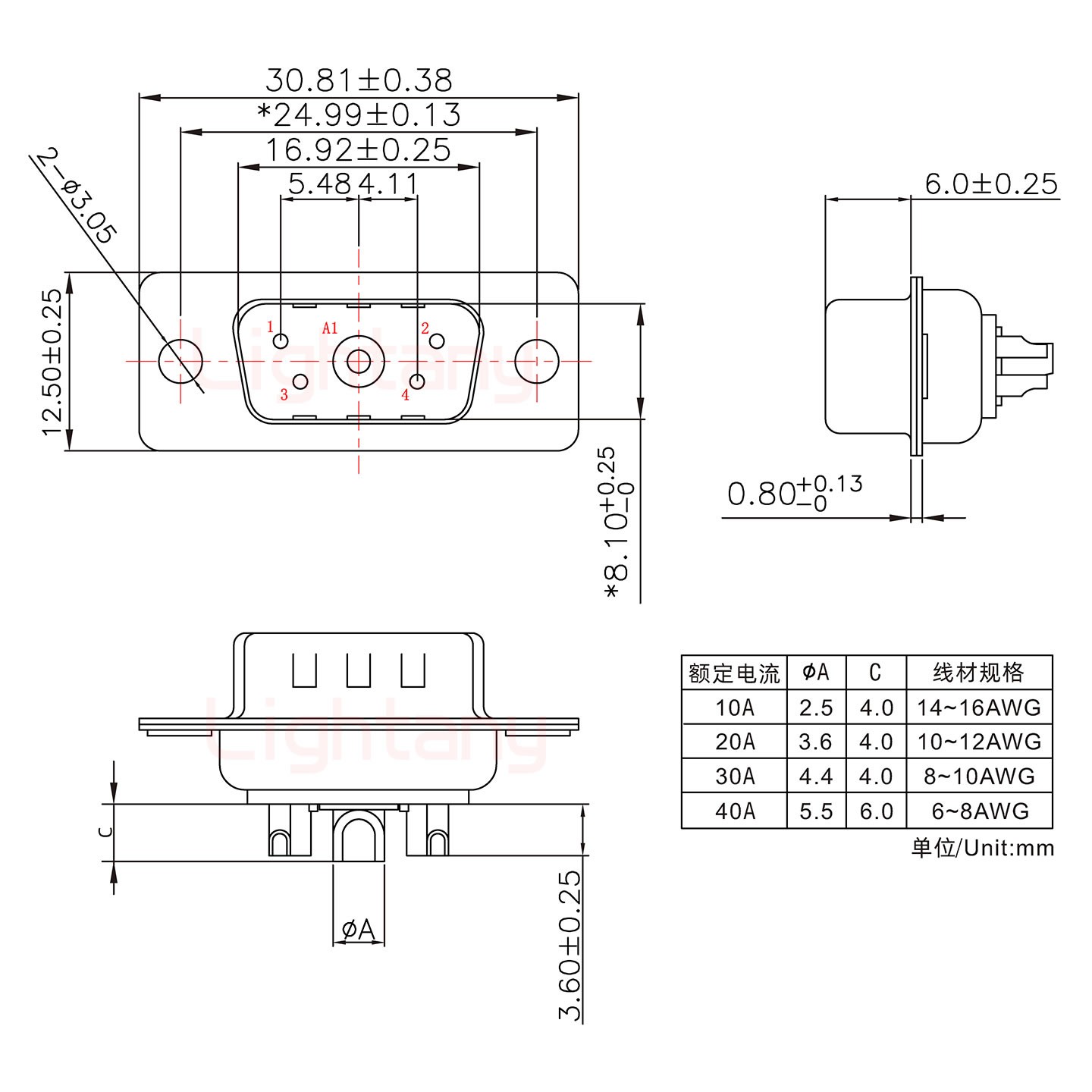 5W1公短體焊線/光孔/大電流10A