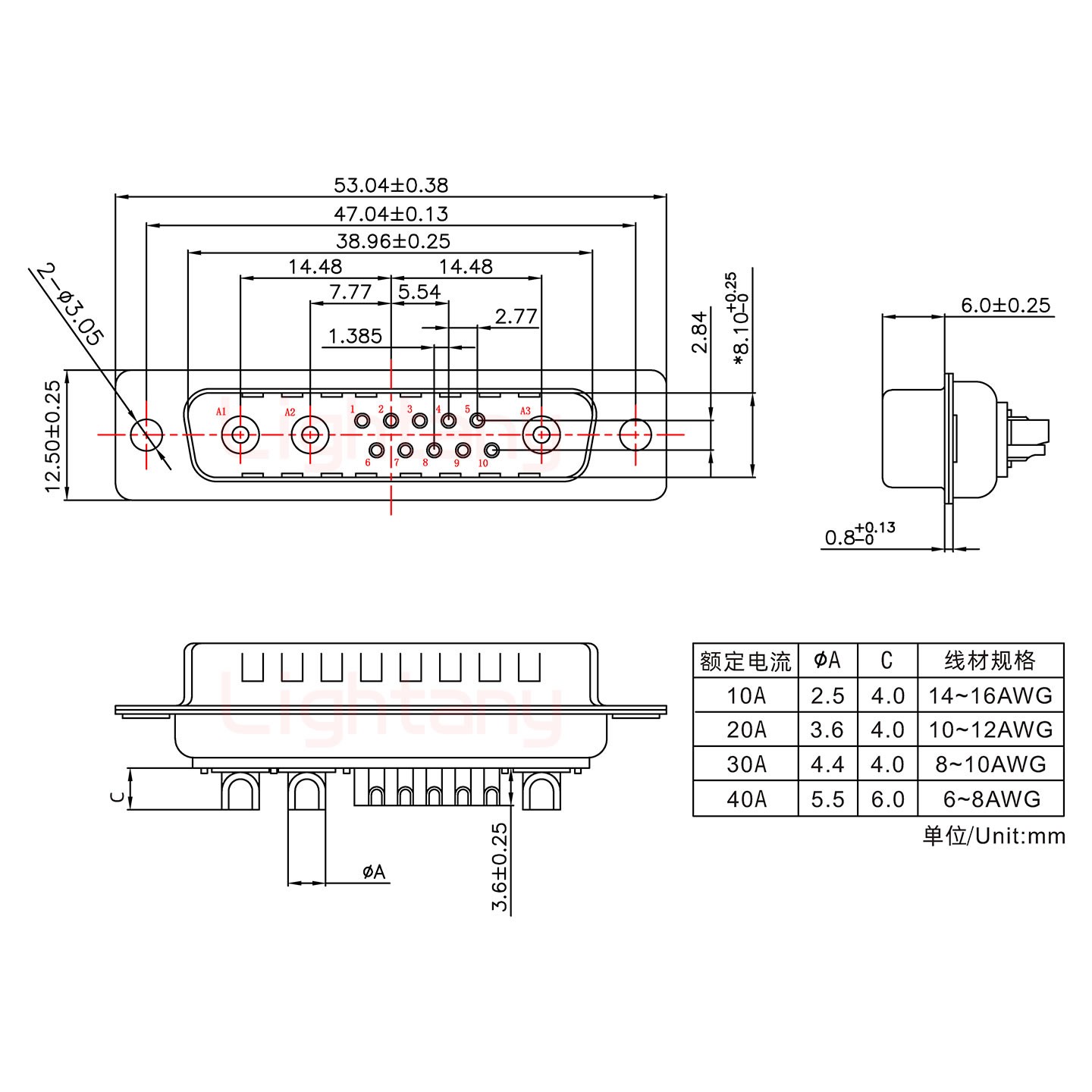 13W3公短體焊線/光孔/大電流20A