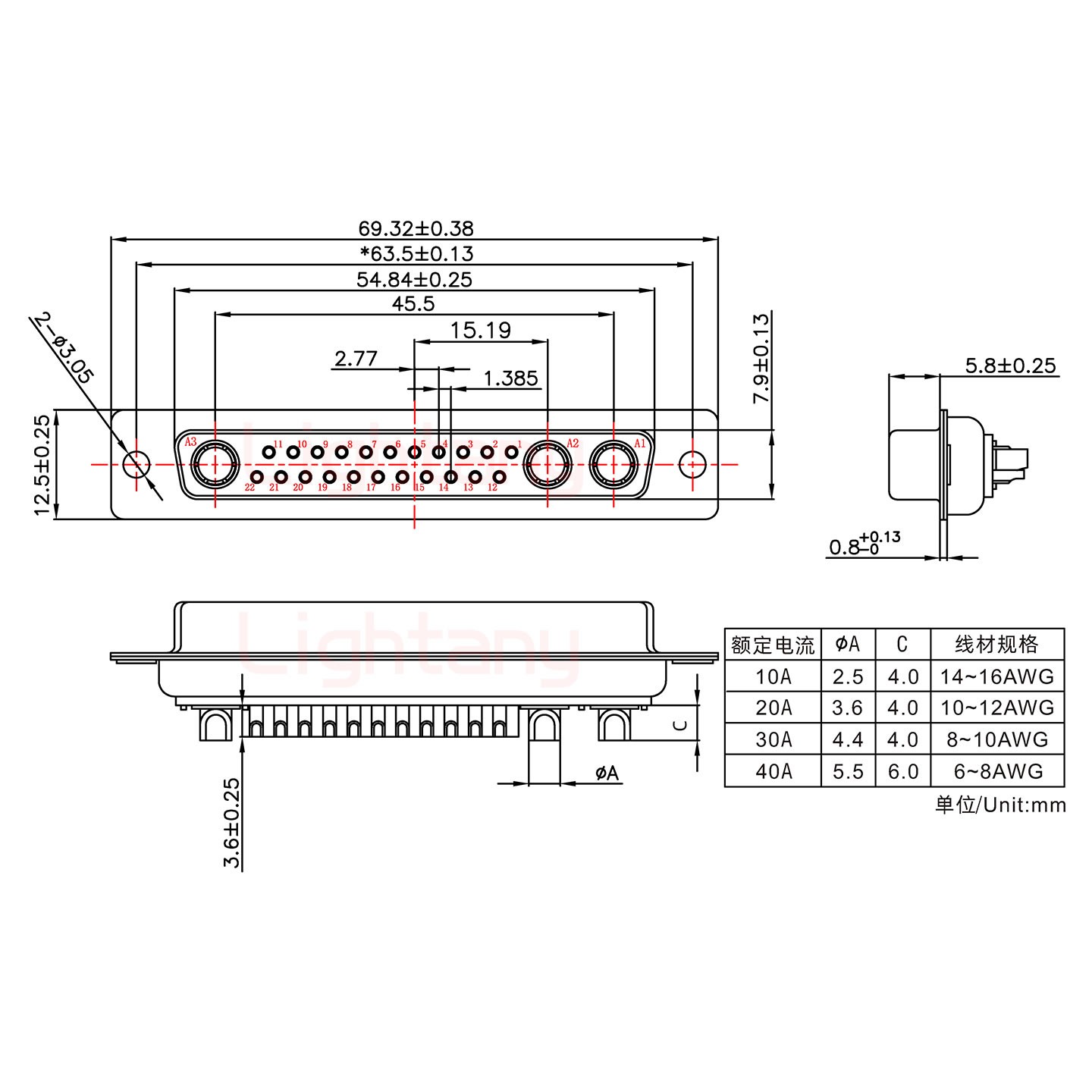 25W3母短體焊線(xiàn)/光孔/大電流30A