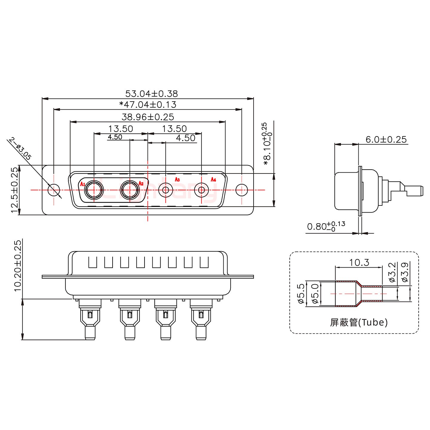 4V4公焊線式75歐姆+25P金屬外殼1657直出線4~12mm