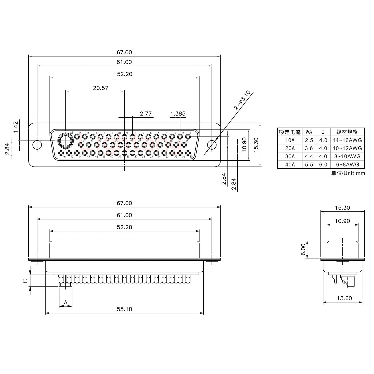 47W1母短體焊線20A+50P金屬外殼1746斜出線4~12mm