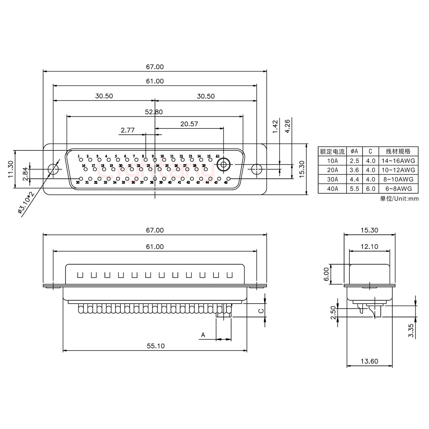 47W1公短體焊線20A+50P金屬外殼1746斜出線4~12mm