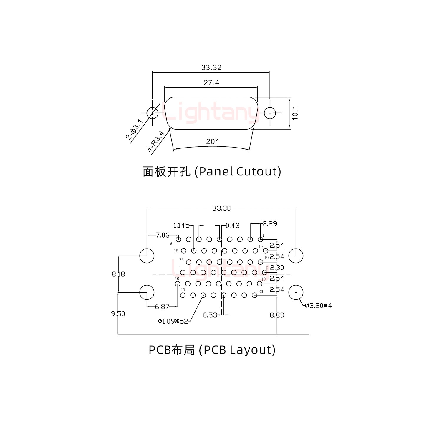 HDR26 上母下公間距19.05車針雙胞胎 D-SUB連接器