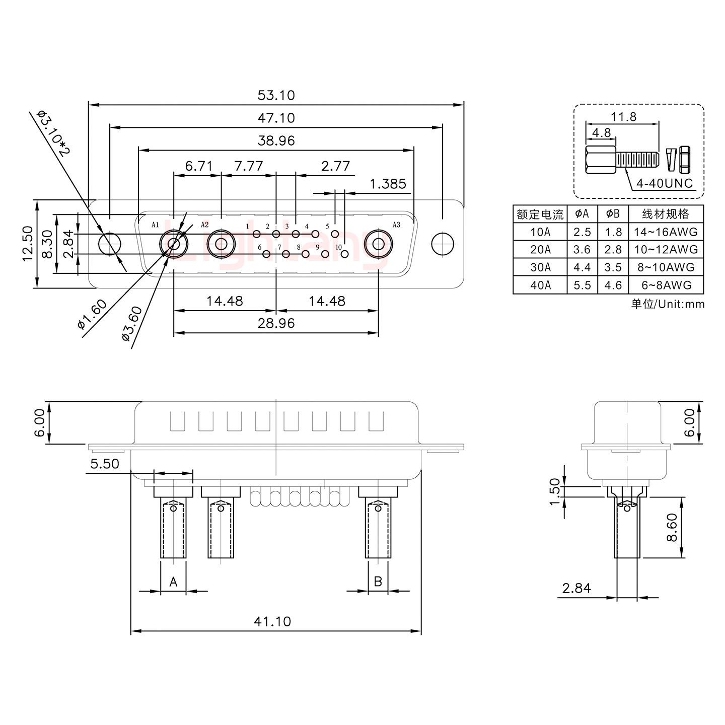 13W3公壓線式/配螺絲螺母/大電流40A